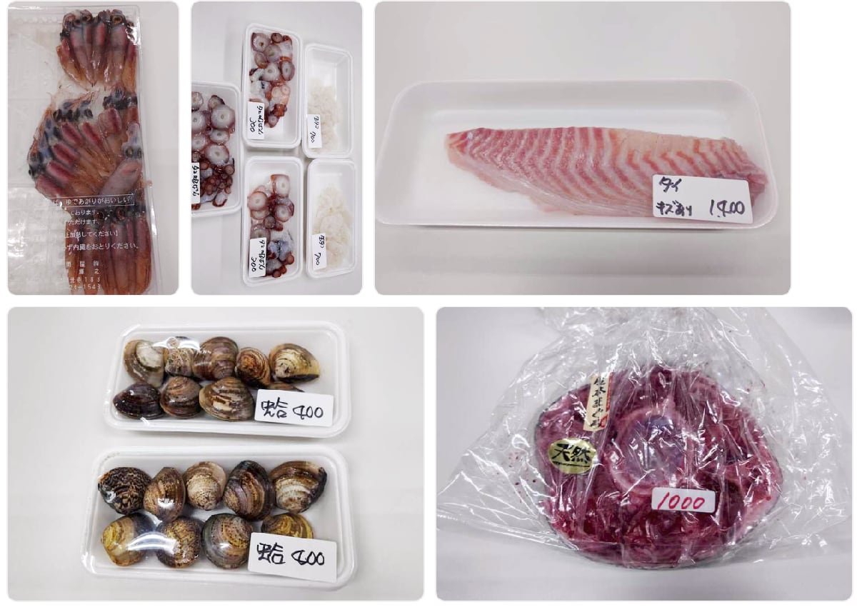 築地で購入したホタルイカ、タコ、タイ、蛤、マグロテールの画像